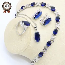 Геометрический 925 пробы серебра набор украшений для женщин темно-синий Цирконий Браслет серьги ожерелье кулон кольцо подарок на день рождения