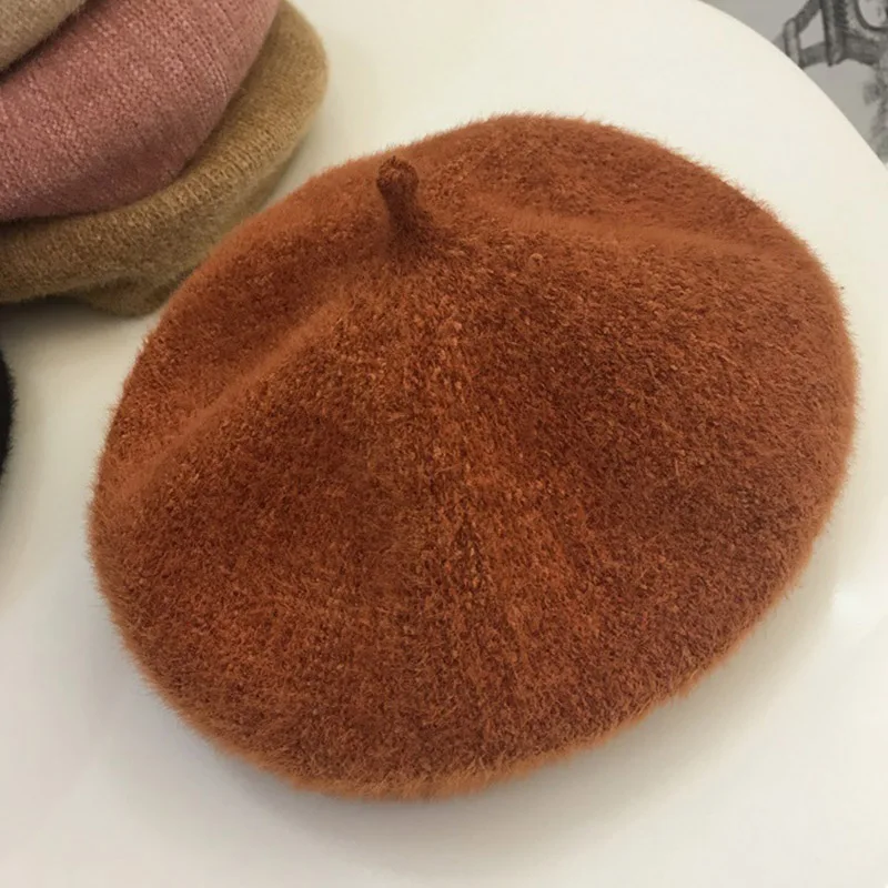 Rust red Новые модные теплые зимние шапки отличного качества однотонные плотные зимние женские головные уборы Классический Французский Берет мягкая меховая шапочка регулируемая - Цвет: Rust red