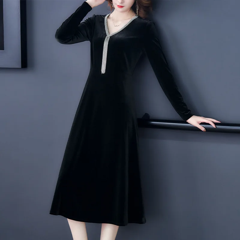 

Europe And America Dress New Style Women's Mid-length Elegant Debutante Gold Velvet Skirt Long-sleeved Black Kuotaitai Winter