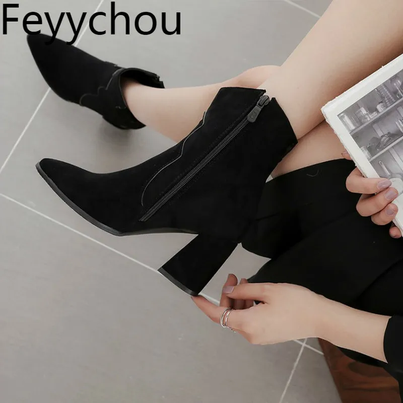 

Women's Boots High Heel Ankle Simple Winter Versatile Solid Color Booties Zip Flock Pointed Toe Lady Shoes Size34-48 Black Beige