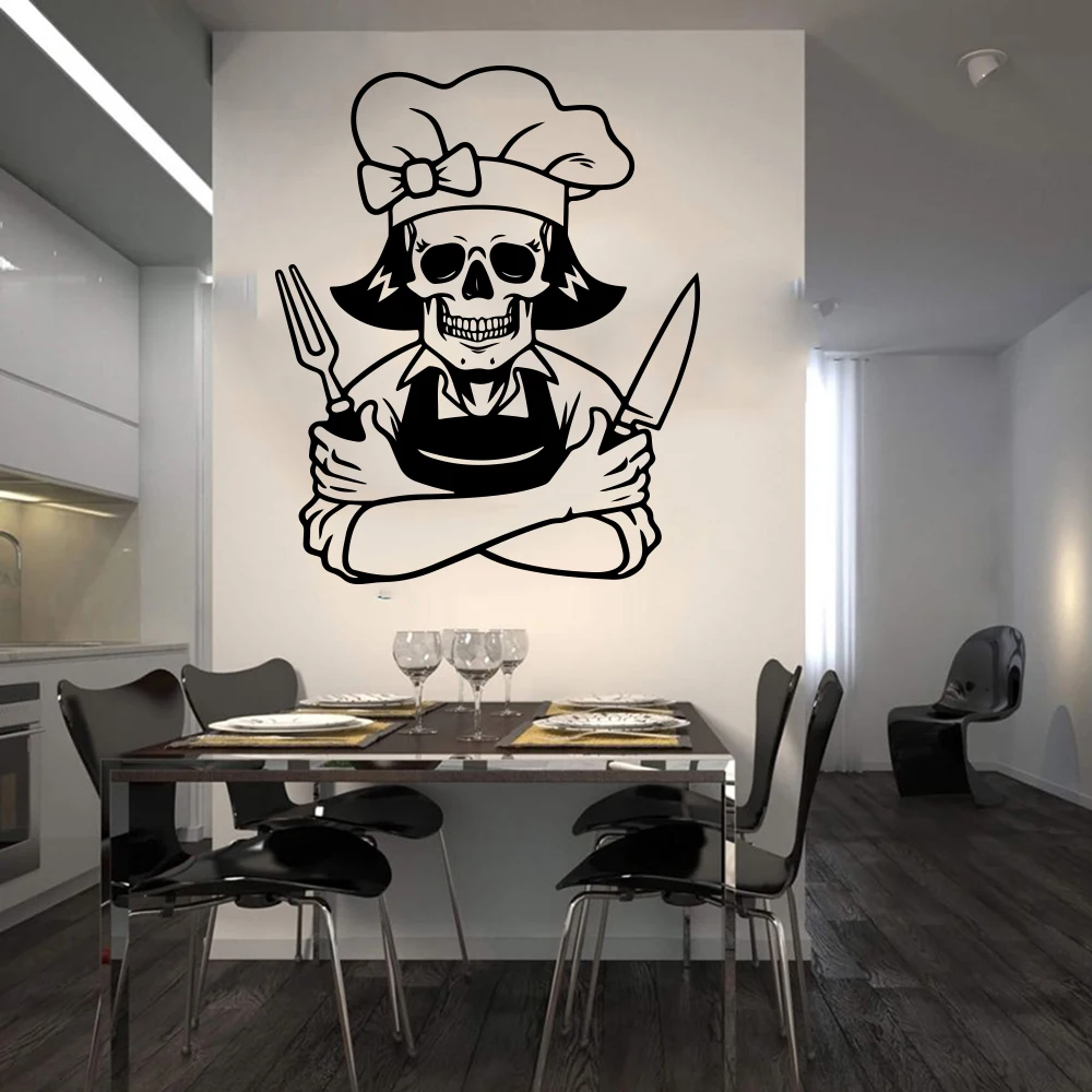 

Large Skeleton Chef Wall Sticker Kitchen Restaurant Cartoon Skull Cooker Wall Decal Dinning Room Vinyl Home Decor LW225