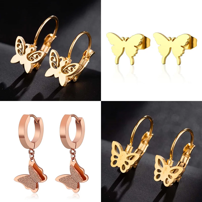 Jisensp золотые Маленькие бабочки элегантные серьги-гвоздики животные серьги из нержавеющей стали для женщин серьги рождественские ювелирные изделия аксессуары