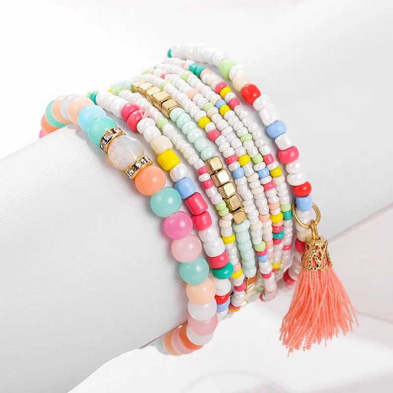 

9 Pcs/Set Bohemian Beaded Bracelets for Women Multilayer Stretch Stackable Bracelets Set Handmade Multicolor Boho Braclet Girls