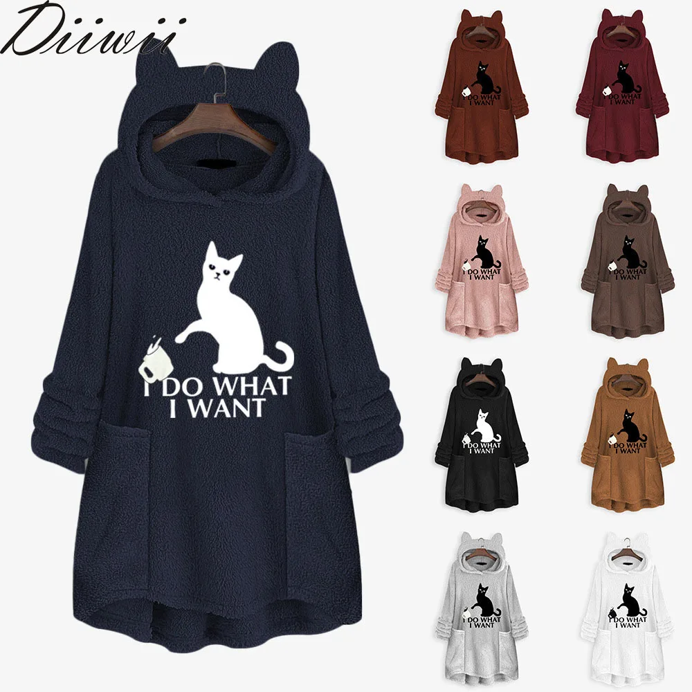

Diiwii Women Cat Print Long Hoodies Sweatshirt Fleece Warm Embroidery Pocket Pullovers Ear Blouse Femme