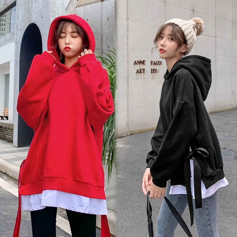 

Harajuku Plus Velvet Hoody Korean Pop Hoodies Women Fake Two Pieces Tether Women's Sweatshirt Solid Oversized Hoodie Pullover