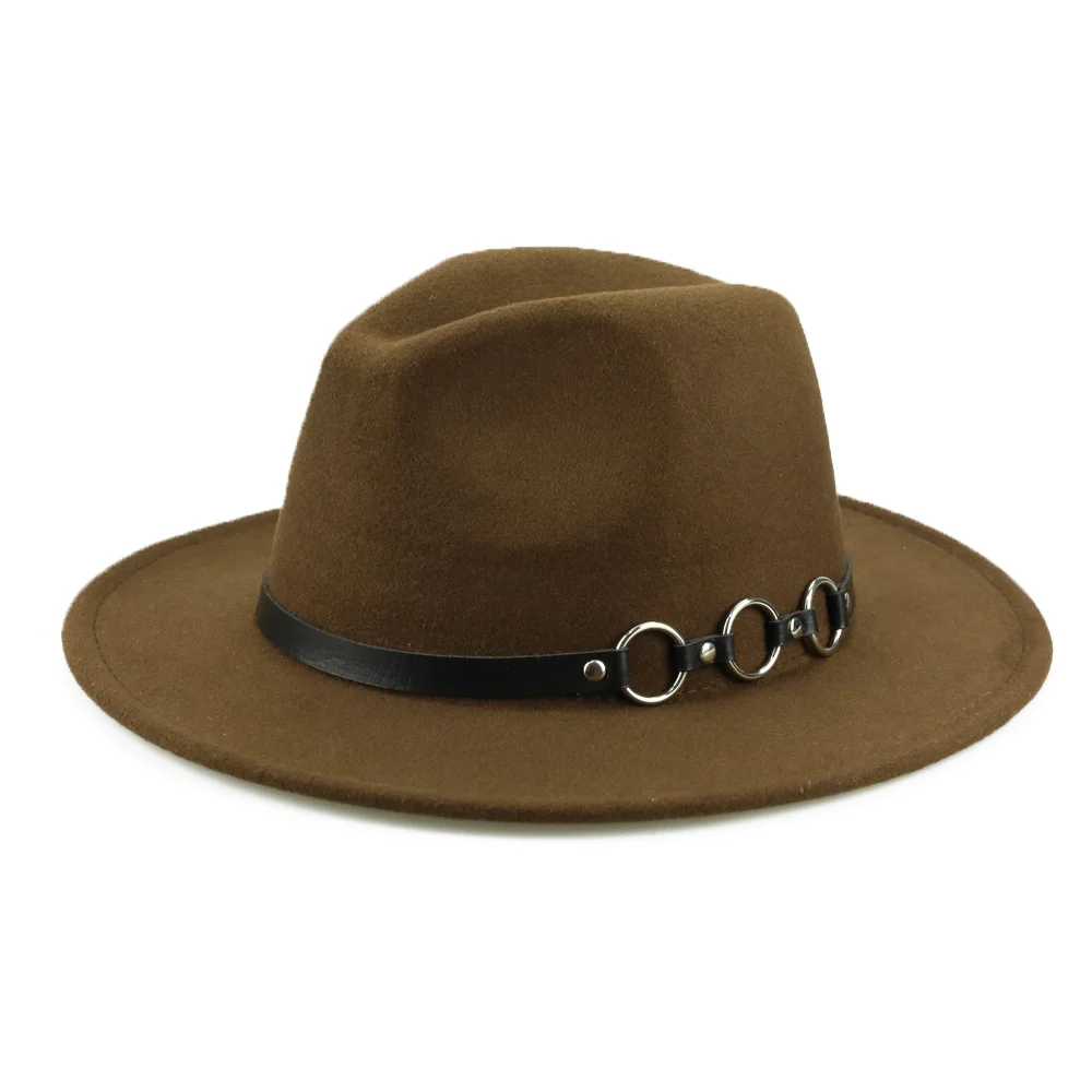 YY металлические кольца ремень Fedora кепки женские зимние с широкими полями фетровые шляпы мужские винтажные Трилби Джаз кепки весенние шапочки FD19065 - Цвет: Brown Felt Cap
