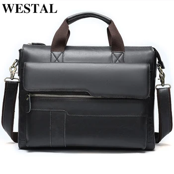 

WESTAL men's briefcase bag men's genuine leather laptop/office bag for men vintage bussiness document briefcase handbag tote 502