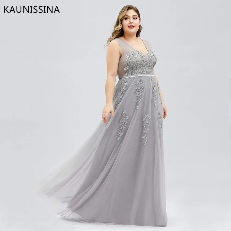 

KAUNISSINA Evening Prom Formal Dress Elegant V Neck Sleeveless Sequined Long Wedding Party Gowns Plus Size Vestido Real Photo