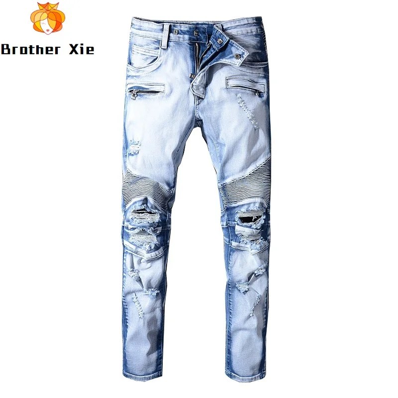 

Hi Street Men's Blue Motorcycle Jeans Skinny Ripped Biker Jeans Brand Urban Cotton Jeans for Male