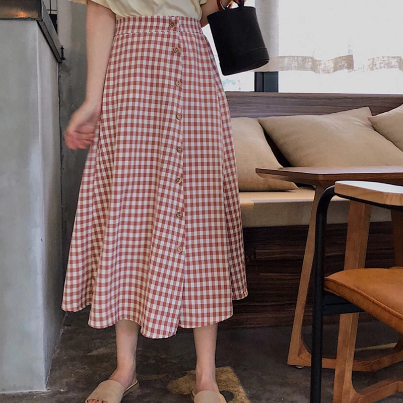 

New Spring Autumn Women Skirt Plaid A-Line Korean Empire Sweet Skirts Ladies Button Mid-Calf Casual Vintage Skirt