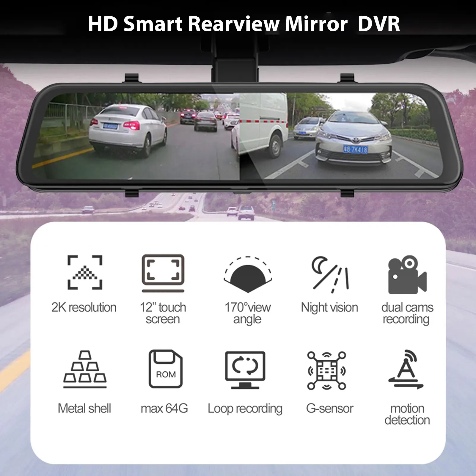 

Car Dvr 12 Inch Touch Screen Video Recorder Auto Registrar Stream Mirror RearView Camera Night Vision Dash Cam Front/Rear Camera