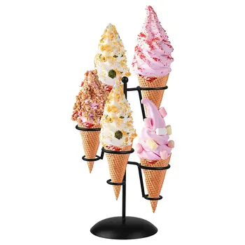 

Black iron ice cream cone stand with 5 holes in base, can hold snow cone sushi, hand-rolled popcorn, candy fries