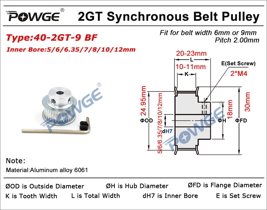 Шкив ГРМ POWGE 1 шт. 40 зубьев 2 м ГТ отверстие 5/6 35/8/10 мм для ширины 9 2MGT GT2 открытый