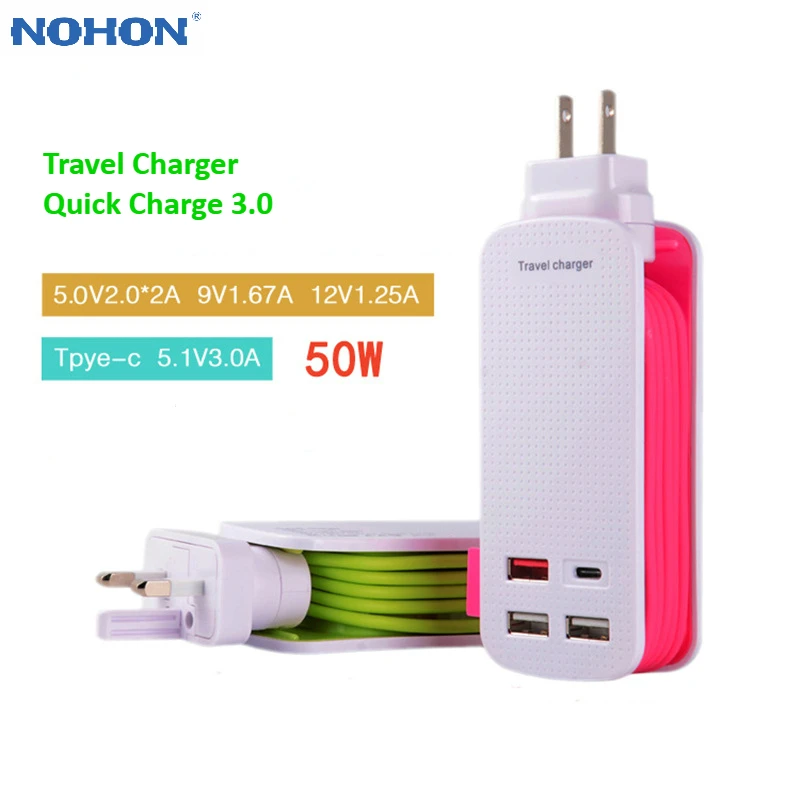 

Nohon Quick Charge QC 3.0 USB Wall Charger 4 Ports USB Type C Hub Travel Charger Power Adapter 1M Strip for Cell Phone Tablet