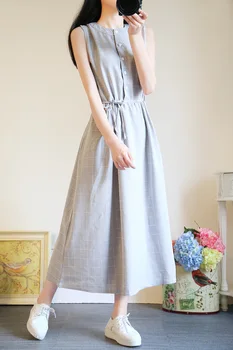 

Summer New Style Korean-style Students Hipster Tank Top Sleeveless Long Skirts Cotton Linen Mid-length Dress