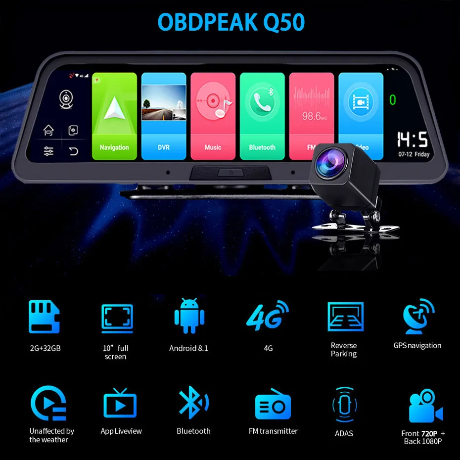Автомобильный видеорегистратор 10 дюймов Full HD 1080P 4G Wi Fi GPS навигация 2 + 32 ГБ два