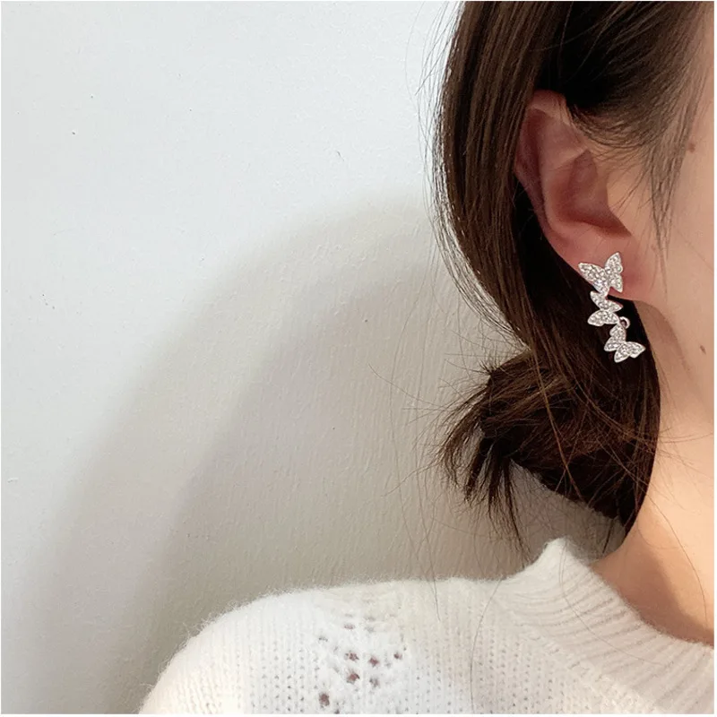 Korea Butterfly Wings Long Tassel Earrings For Women Jewelry Imitation Prevent allergy Crystal Asymmetric Statement Drop Earring