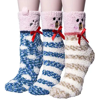 

3 Pairs Womens Fuzzy Socks Warm Soft Slipper Home Sleeping Cute Animal Socks Plus Velvet In Winter Keep Warm Medium Length Socks