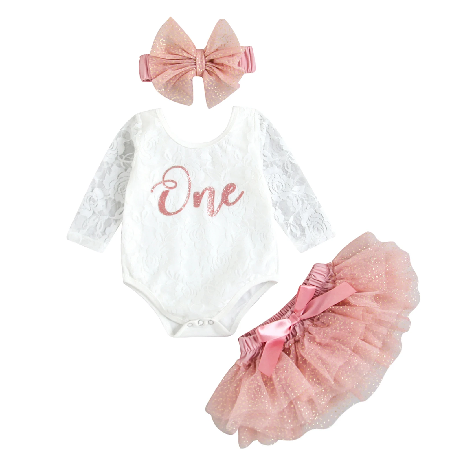 My First Birthday Outfits Baby Girl Clothes Long Sleeve Floral Lace Romper Tutu Skirt Headband Outfits Baby Summer Clothing baby's complete set of clothing Baby Clothing Set