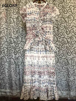 

2020 Summer Fashion Designer Dress Women Exquisite Print Ruffle Patchwork Short Sleeve Midi Party Sexy Mermaid Dresses White