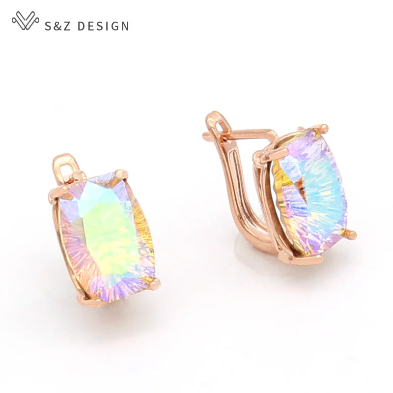 S&Z DESIGN New Fashion Square Crystal Dangle Earrings 585 Rose Gold Color Eardrop For Women Girl Wedding Party Jewelry