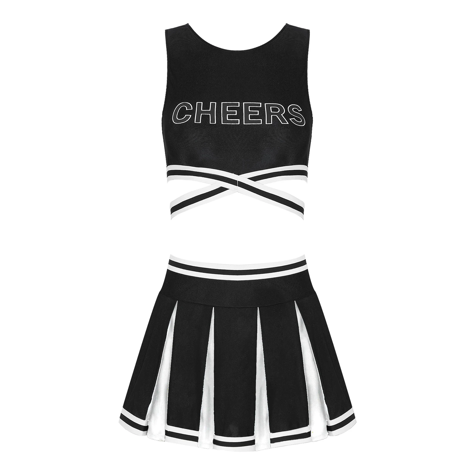 

Women Cheerleading Uniform Role Play Outfit Girls Letter Printing Crop Top with Color Block Pleated Skirt Dance Game Costumes
