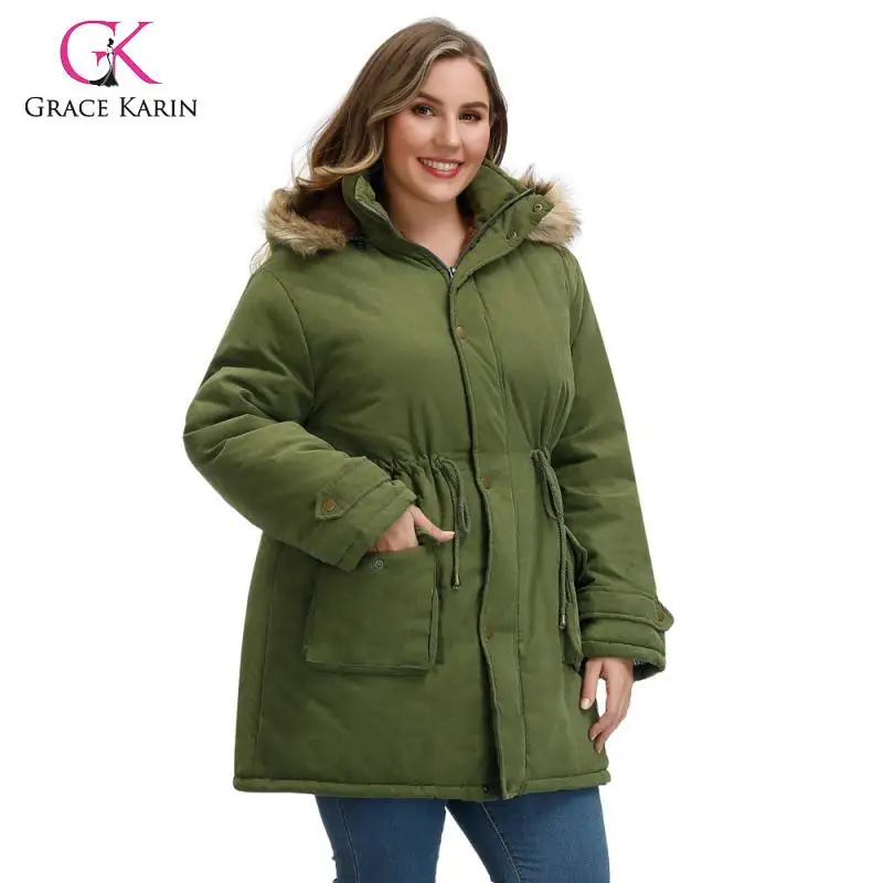 Grace Karin, Женская парка, повседневная верхняя одежда, утолщенное пальто с меховым капюшоном, зимняя теплая парка, куртки и пальто с флисовой подкладкой размера плюс
