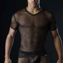 Мужской полый сетчатый плотный облегающий Топ Прозрачные майки с v-образным вырезом Клубные футболки