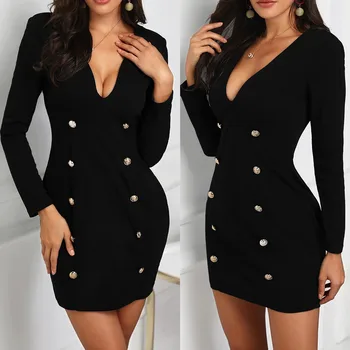 

Black Color Sexy Mini Dress vestidos Women Black V-Neck Long Sleeve Double-Breasted Bodycon Work Midi sukienka Blazer Dress #C8