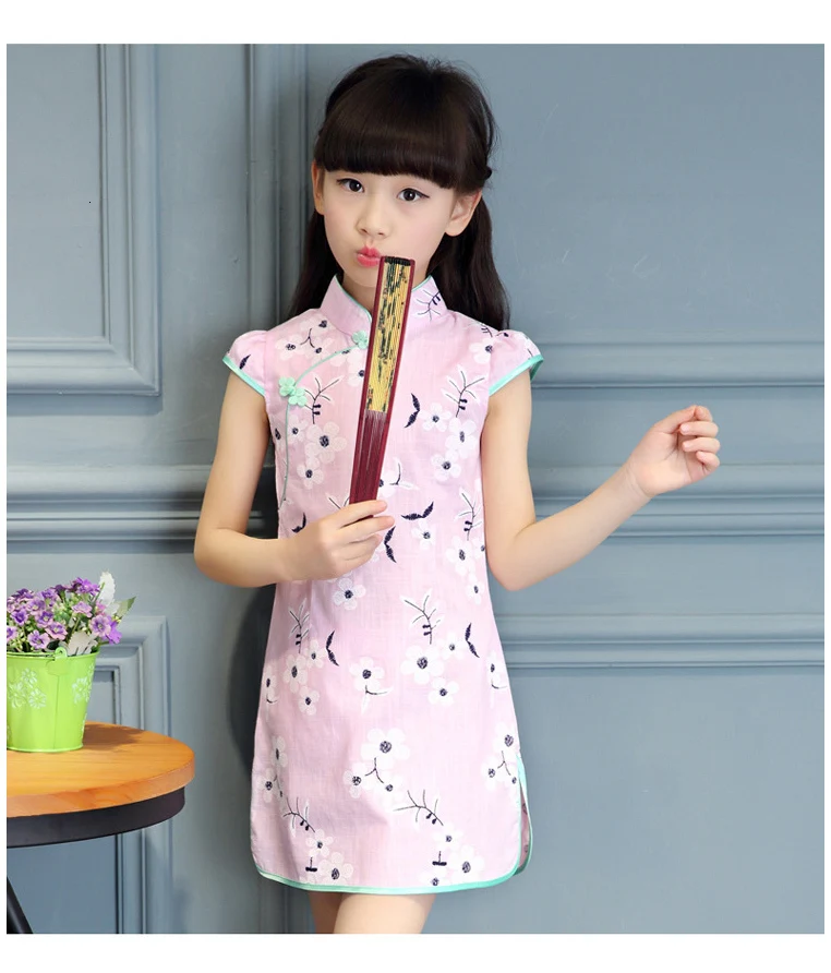Элегантное платье Ципао для девочек, Vestidos Cheongsam, детская одежда, винтажная детская одежда с цветочным принтом, летние платья для маленьких