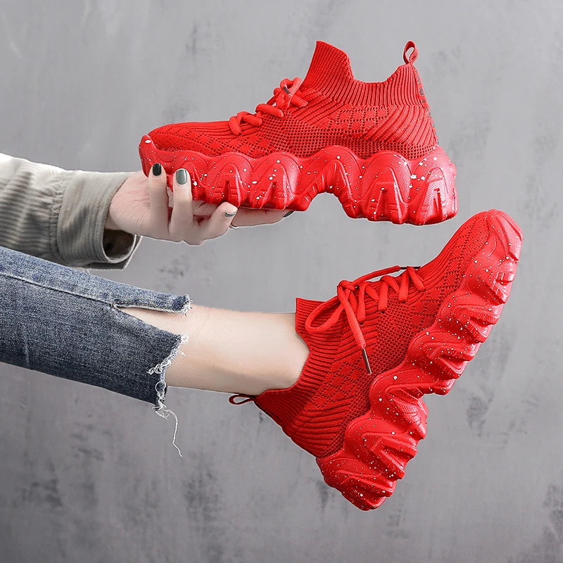 chunky red sneakers