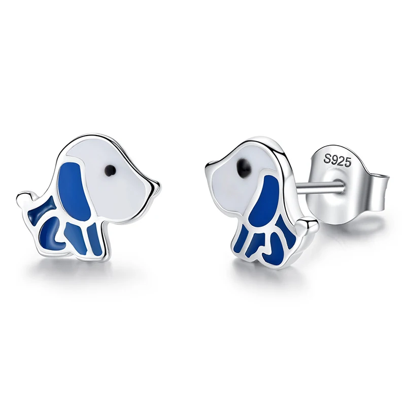 Solid 925 Sterling Silver Husky Dog Enamel Stud Animal Earrings Women Girls