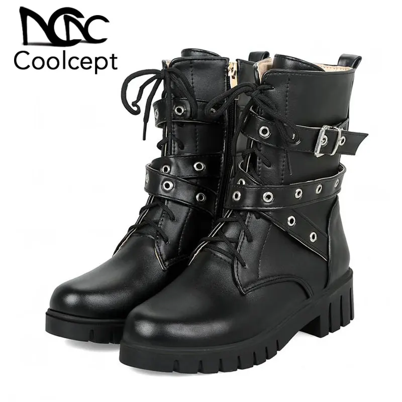 

Coolcept Women Mid-Calf Boots Solid Color Cool Motorcycle Boots Fashion Round Toe Buckle Strap Shoes Women Footwear Size 33-44