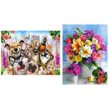 

2 Set DIY Diamond Painting Full Round Drill 3D Embroidery Cross Stitch Gift Home Decor, Bouquet & Animal Dog