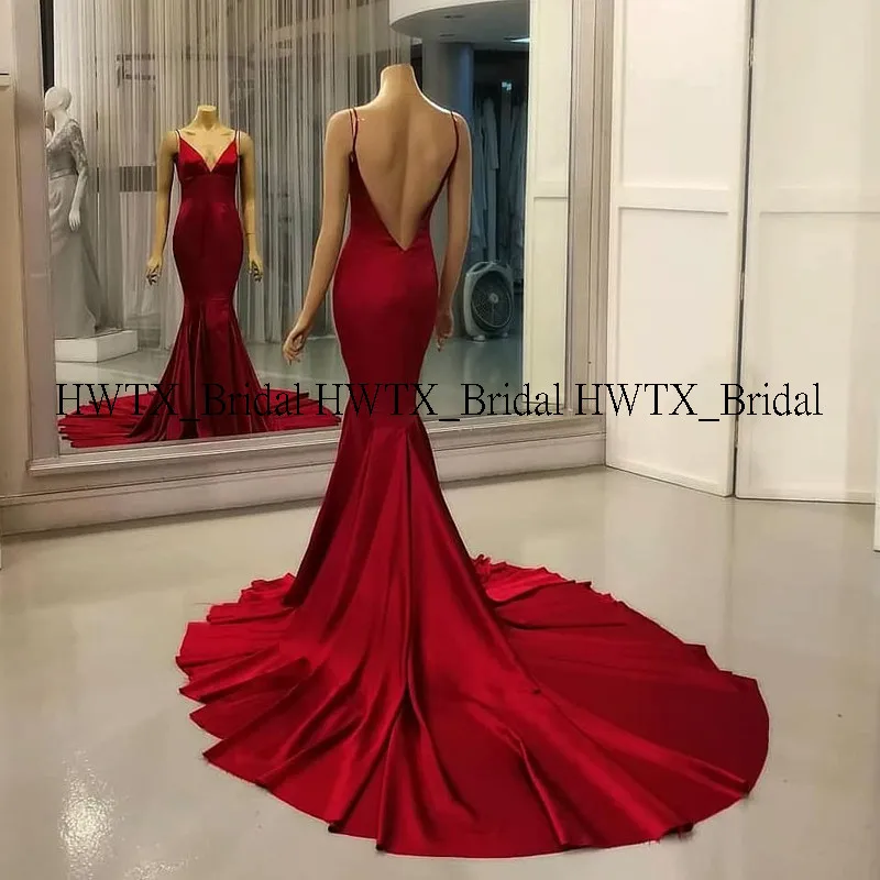 HWTX_Bridal сексуальное вечернее платье с открытой спиной и длинным шлейфом на тонких бретелях, Красное Атласное Вечернее платье знаменитостей