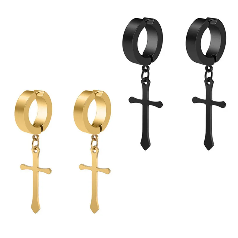 Non-pierced Clip On Cross Dangle Hoop Earrings Set, Stainless Steel No Piercing Boucle D`Oreille Femme 30OCT310_