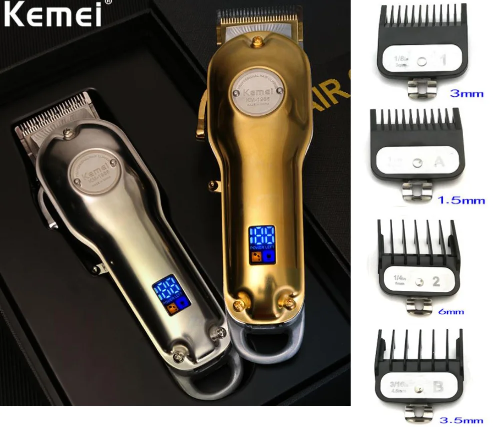 Kemei 1986 полностью Металлическая Парикмахерская профессиональная машинка для стрижки волос электрическая Беспроводная Машинка для стрижки волос с ЖК-дисплеем золотистого и серебристого цвета