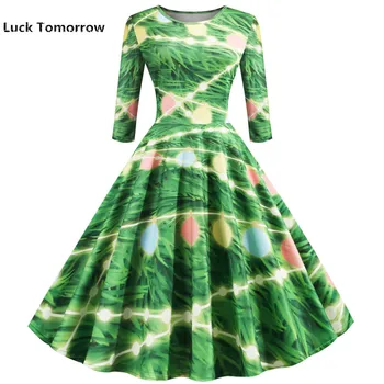 

Winter Dresses Women 2019 Christmas Elegant Party Vestidos Autumn 50s 60s Vintage Plus Size Green Clothes Print Bandage Dress