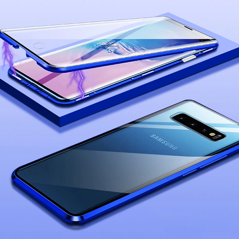 Clear With Blue sm Магнитный металлический двойной боковой Чехол для samsung Galaxy S10 S9 S8 Note10 плюс S10 5G S10E для Примечание 10 9 8 для A10 S A30 A50 A70 A8 - Цвет: Clear With Blue sm