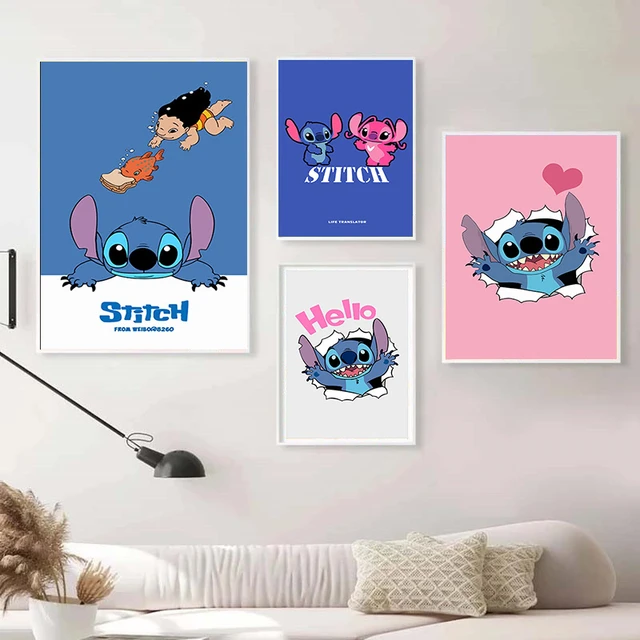 Arte dos desenhos animados da disney, tela em aquarela lilo e stitch,  pinturas de arte para parede do quarto, decoração de casa - AliExpress