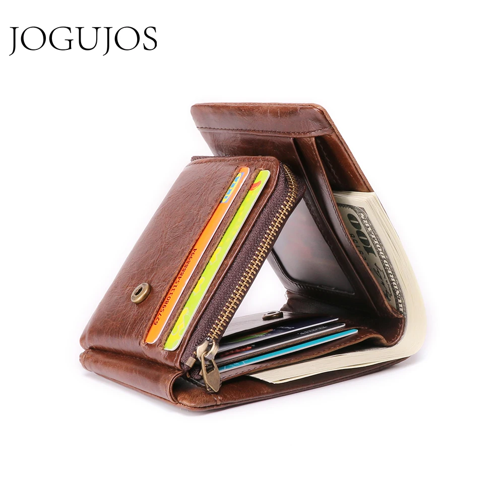 

JOGUJOS Men Wallet Genuine Leather Trifold Wallet Causal Short Wallets For Credit Cards Vintage Short Purse For Male RFID Money