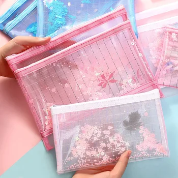 

AngelHere Store 1pcs/lot Kawaii File Holder Korean Sequin Transparent Zipper Information Bag Stationery Office School Supply