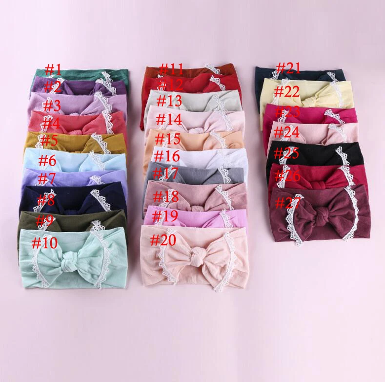 

27 colors Bulk Newborn Kid Soft Nylon Headbands Knotted Bow Nylon Headbands With Pompom Trim For Baby Kid Girl Headband 36pc/lot