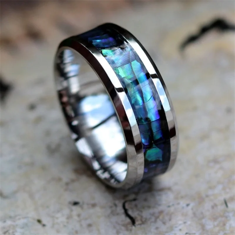 8mm Titanium Steel Fashion Men Rings Inlaid Abalone Shell Wedding Band Men Jewelry For Women Unisex Accessories wedding rings finger rings fashion rings titanium steel rings