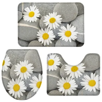 

Flowers Stones Yellow Granite Bath Set Toilet Cover Mat Pedestal Rug Non-Slip Bathroom Rug Set