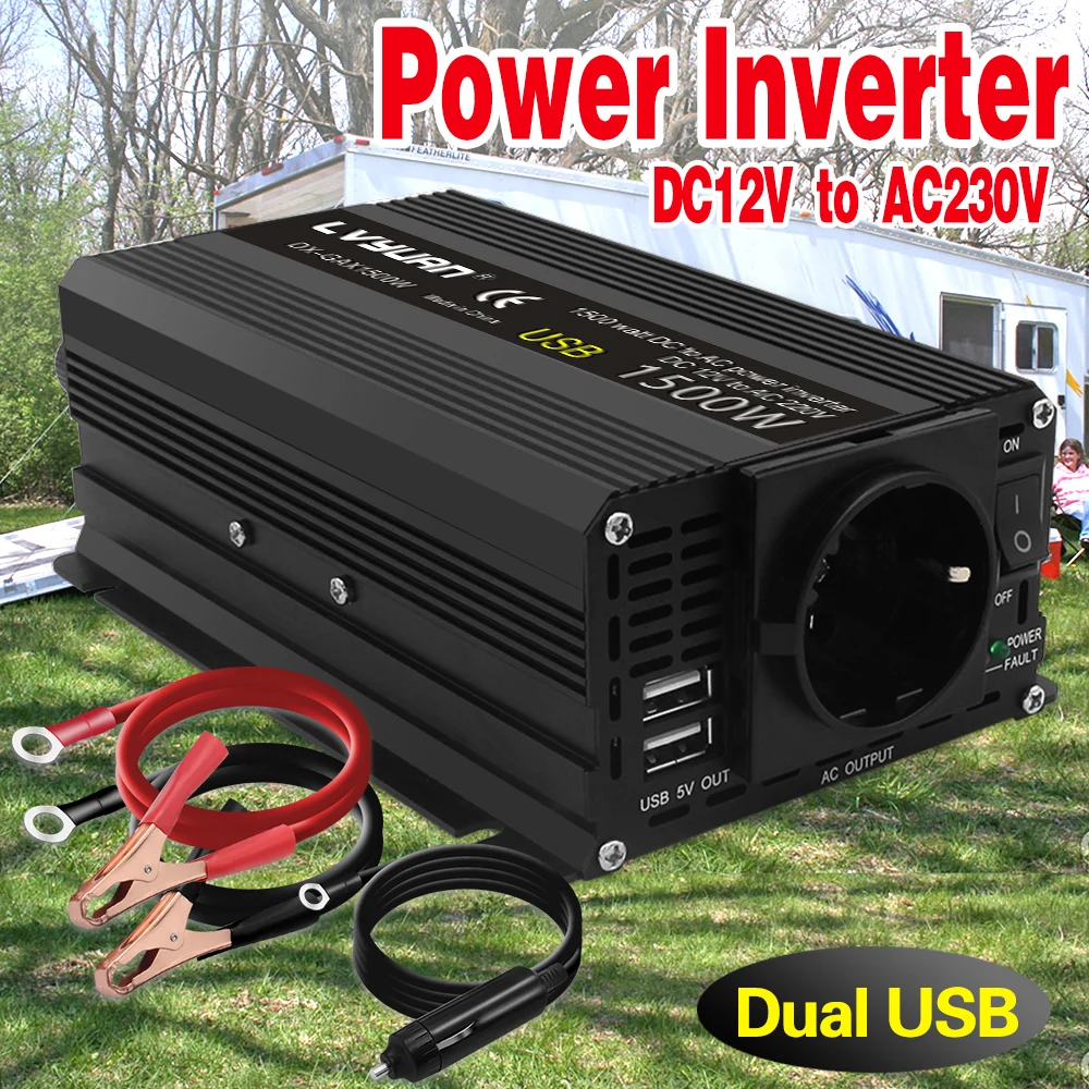 

Inverter 12V 220V 50HZ 1500W Peak Power Car Inverter 2 USB EU AC Outlets Power Inverter ac инвертор 12v 220v инвертор 인버터