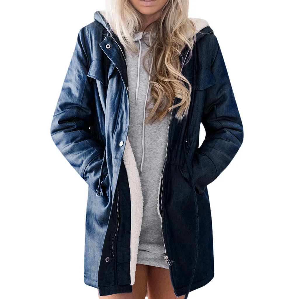 Длинная джинсовая куртка с капюшоном для женщин, размер плюс, плюшевое джинсовое пальто с длинным рукавом, Feminino Chaqueta Mujer, женская зимняя теплая куртка, пальто - Цвет: Navy