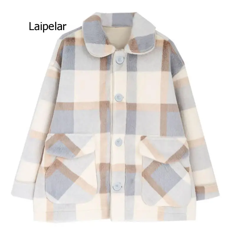 Winter Women's Lambswool Plush Plaid Faux Fur Coat Korean Clothes Female Thick Warm Large Size Loose Wild Short Jacket Outwear