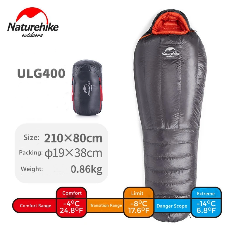 ULG400 Gray Naturehike Мумия гусиный пух спальный мешок водонепроницаемый для наружного кемпинга Пешие прогулки с компрессионным пакетом для альпинизма NH19YD001 - Цвет: ULG400 Gray