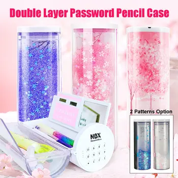 Usb 二重層パスワード鉛筆ケース充電ペンホルダーとミラー電卓鉛筆ホルダーロックオフィス学用品